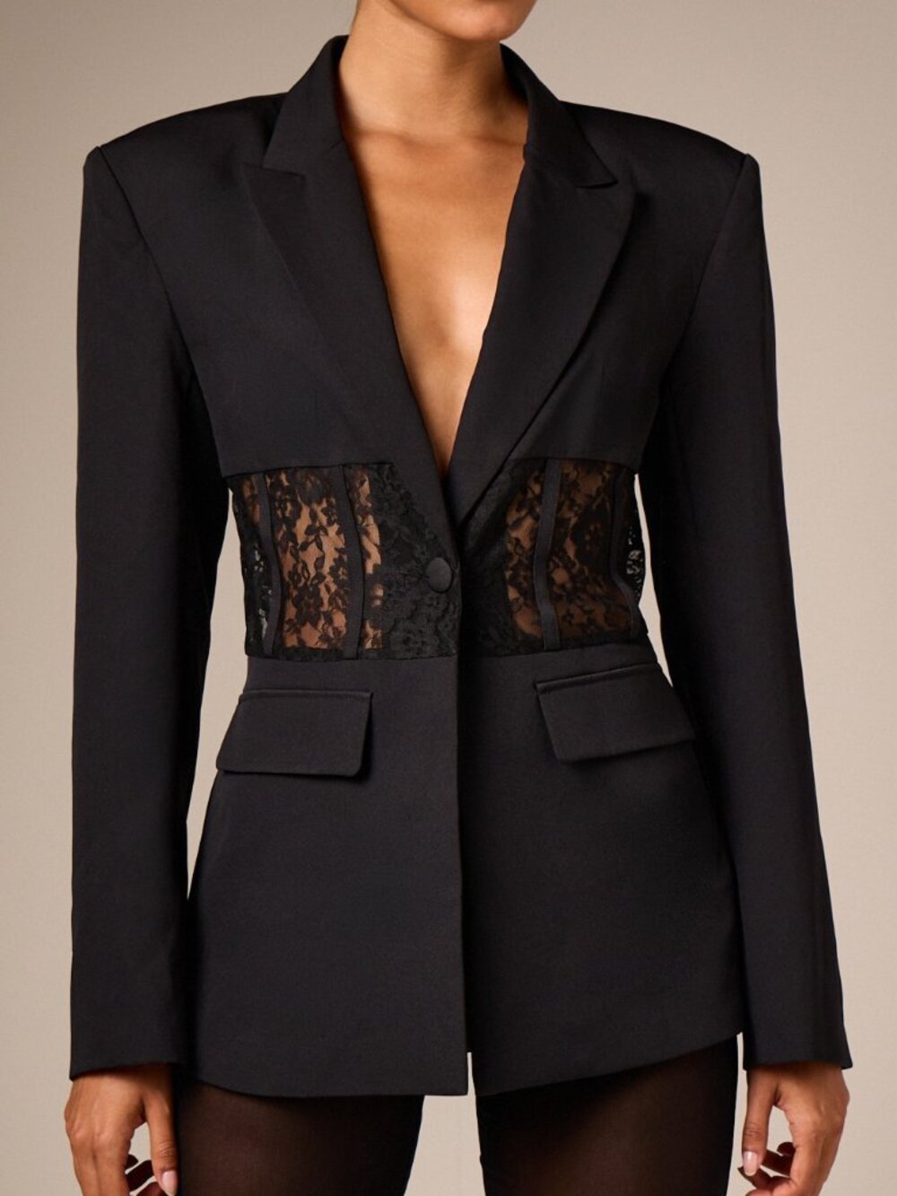 Black Elegant Women's Tailored Lace Panel Cinch Waist Blazer